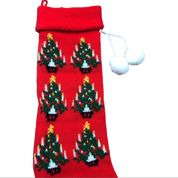 Vintage Christmas Stocking Knitted Xmas Trees Lights Pom Poms Red Multi … - Picture 2 of 4